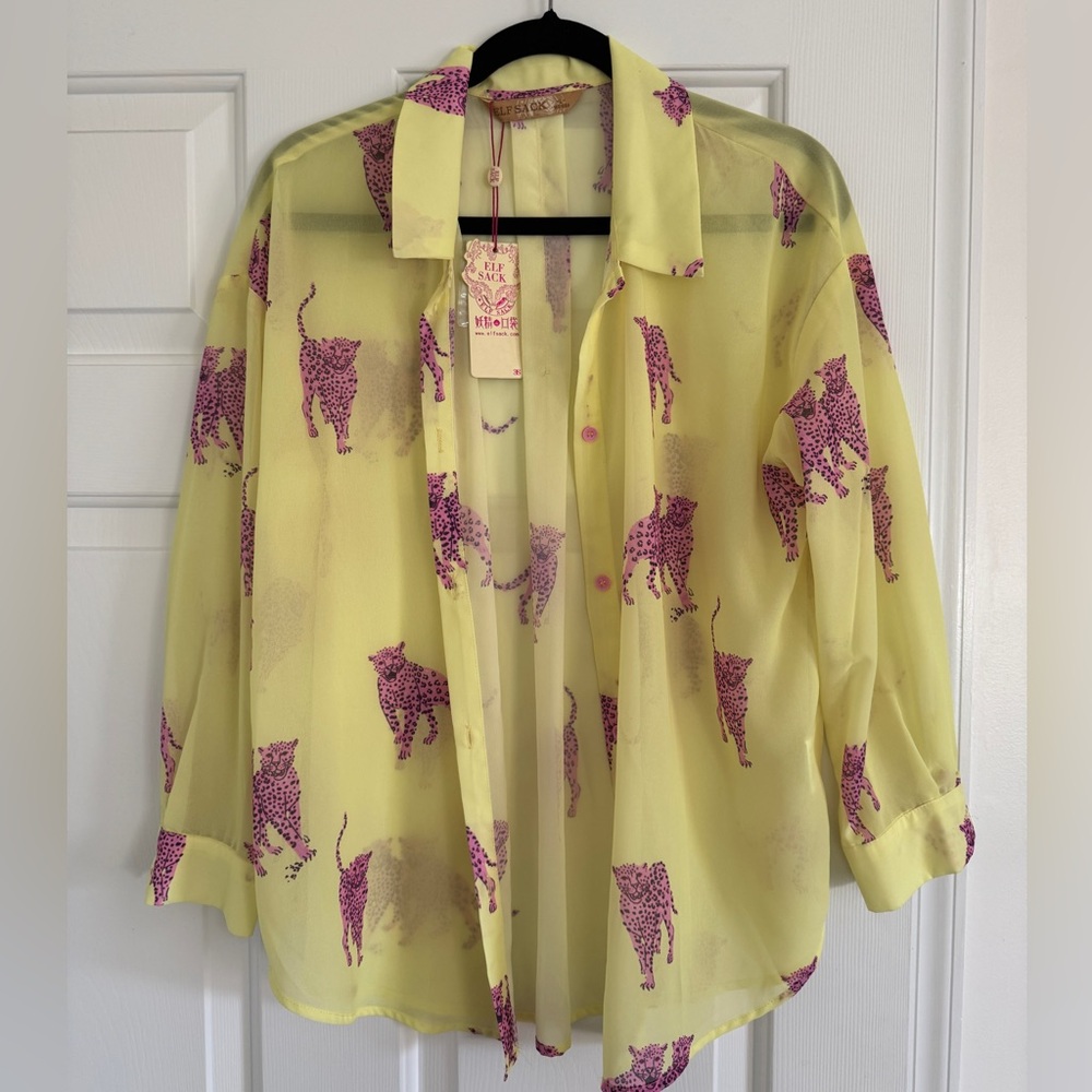 Sheer Yellow Button-Up Blouse with Pink Leopard Print